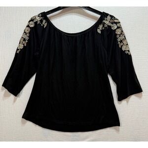 Vintage Collection Women's Black‎ Floral Embroidered Off Shoulder Top XL Boho